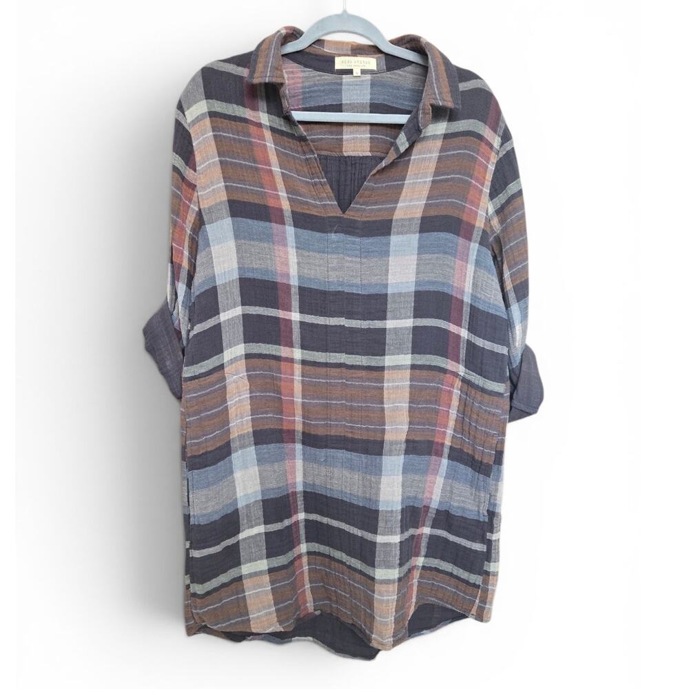 Side Stitch Los Angeles Plaid Cotton Gauze Shirt Dress Medium - Picture 3 of 10
